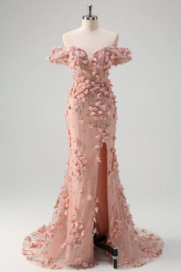 Blush havfrue fra skulderen splitt lang ballkjole med 3D-blomster